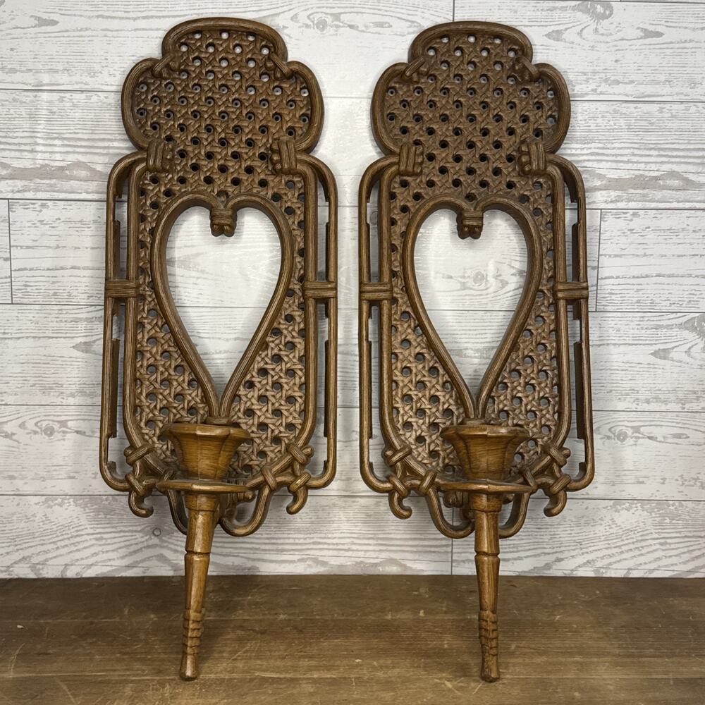 Vtg. BURWOOD MCM Faux wicker/Rattan CANDLE HOLDER Wall Sconces USA